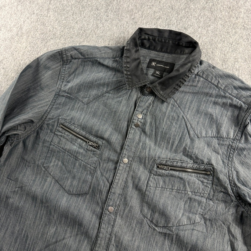 INC International Concepts Mens XL Gray Western Snap Front Zipper Pocket Shirt